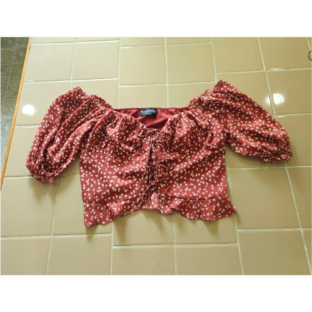 Floral Cropped Red Lace-up Off the Shoulder Puff Sleeves Womens Top Size Large - Picture 8 of 8